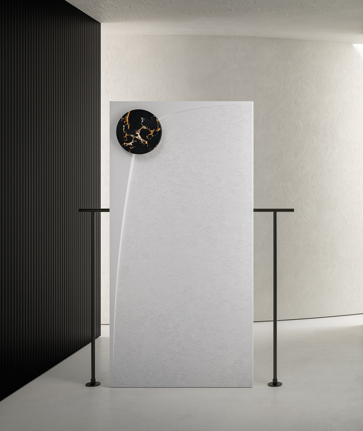 Rectangular Wave shower tray with integrated circular natural stone grate in modern bathroom setting