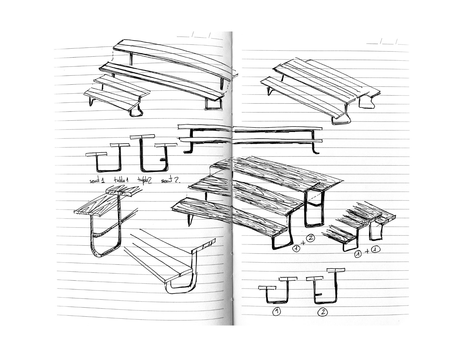 Modular outdoor bench and picnic table with refined geometry and flexible configurations designed for public space