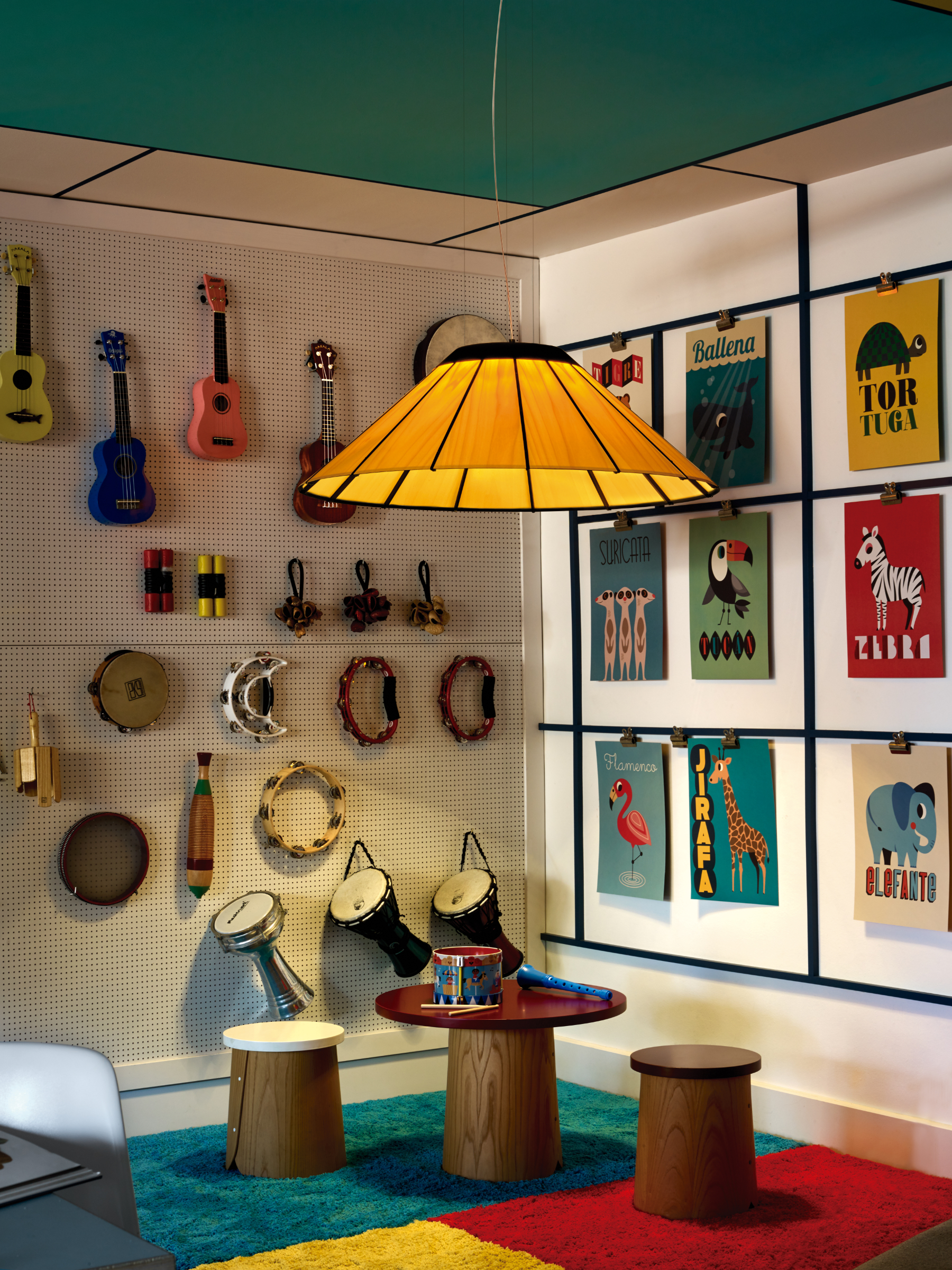 Banga lamp with rhythmic wooden lamellae in contemporary interior