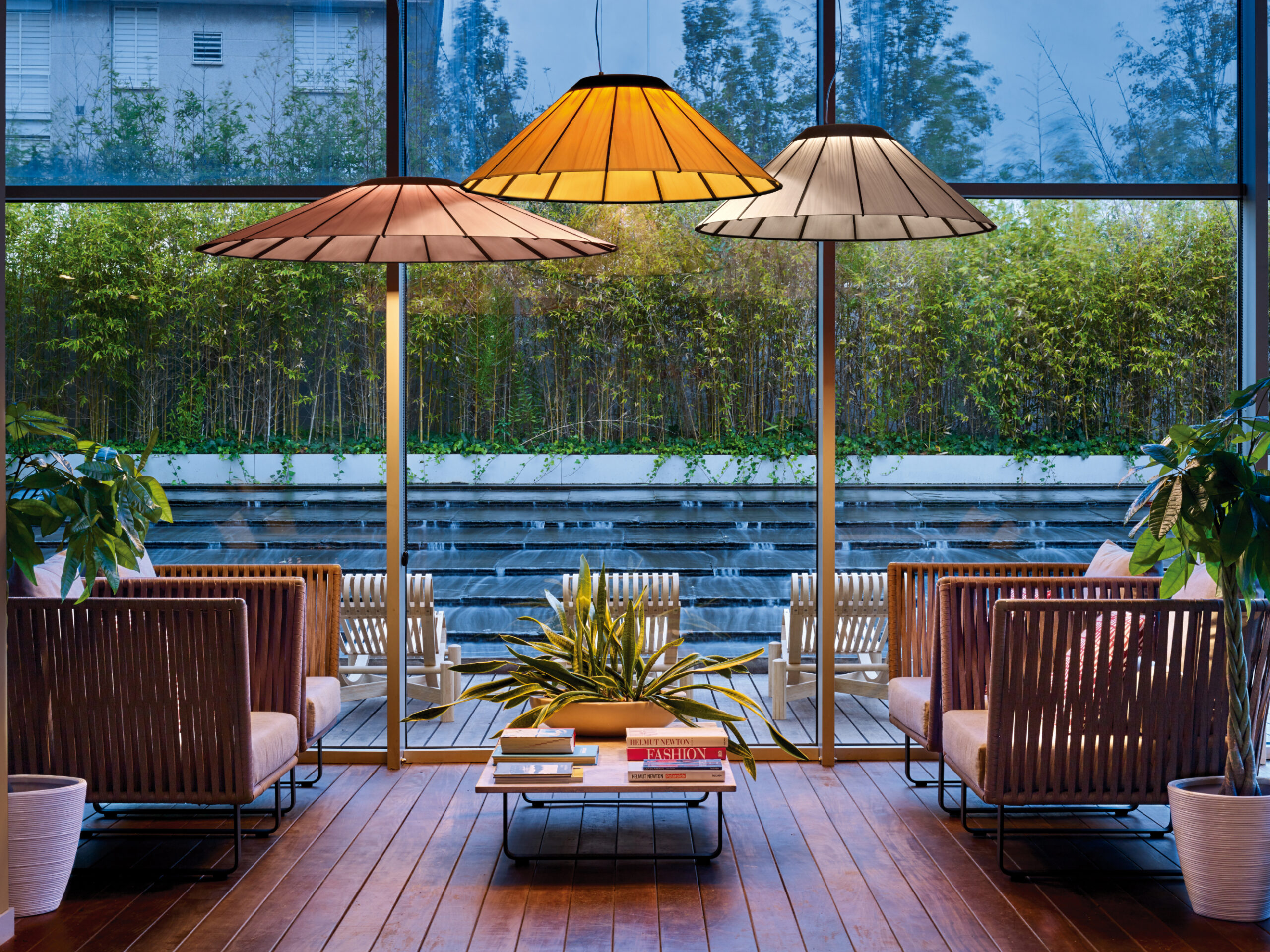 Banga lamp with rhythmic wooden lamellae in contemporary interior