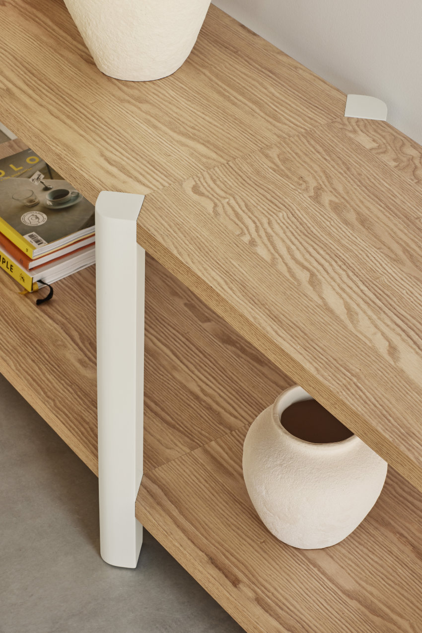 Open modular shelving system with clean lines and warm wood finish