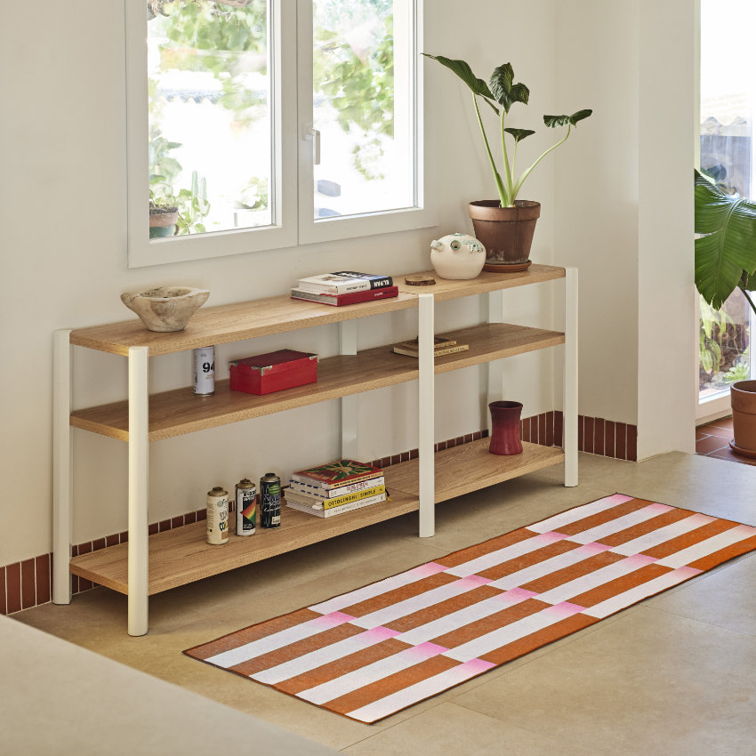 Open modular shelving system with clean lines and warm wood finish