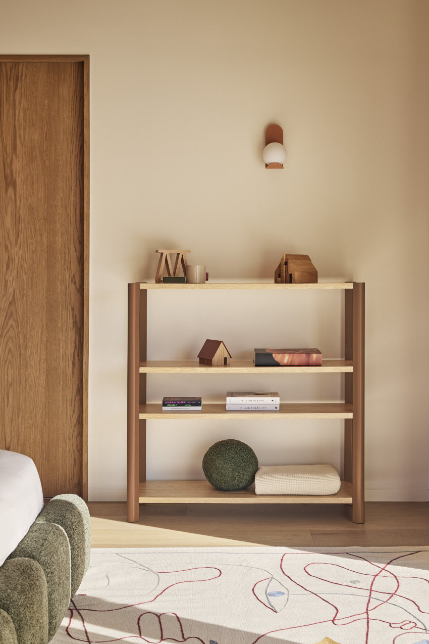 Open modular shelving system with clean lines and warm wood finish