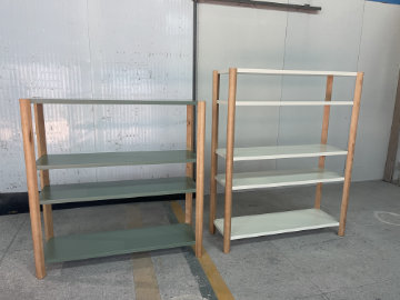 Open modular shelving system with clean lines and warm wood finish