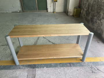 Open modular shelving system with clean lines and warm wood finish