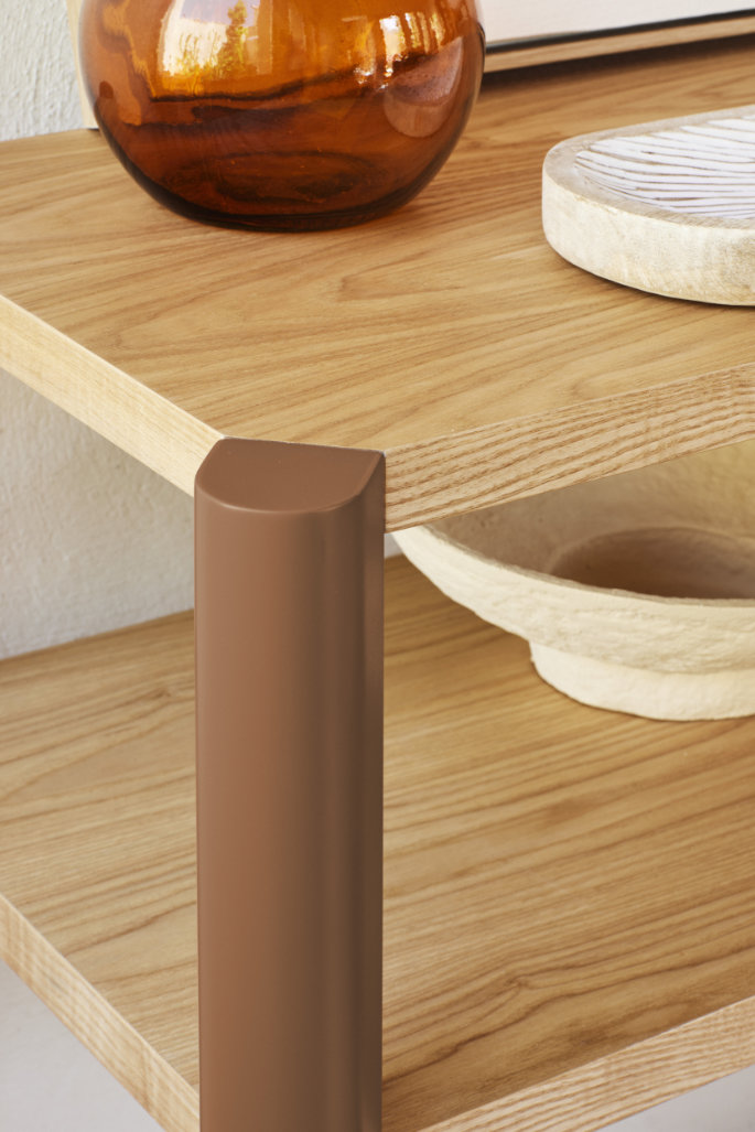 Open modular shelving system with clean lines and warm wood finish