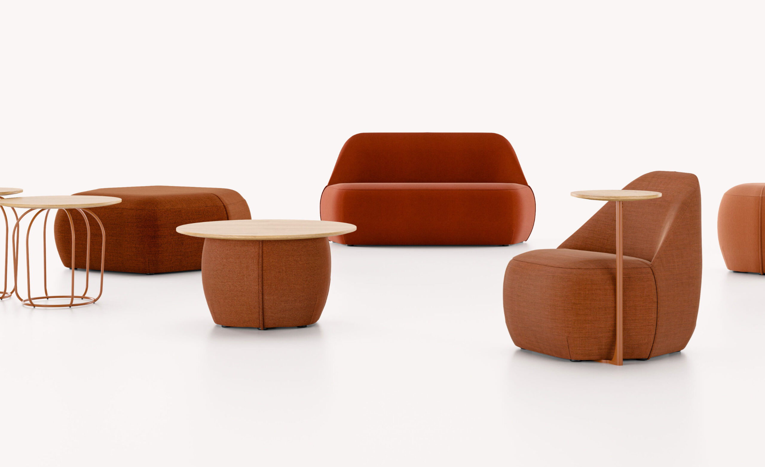Modular seating configuration formed by hexagonal upholstered units in an open workspace