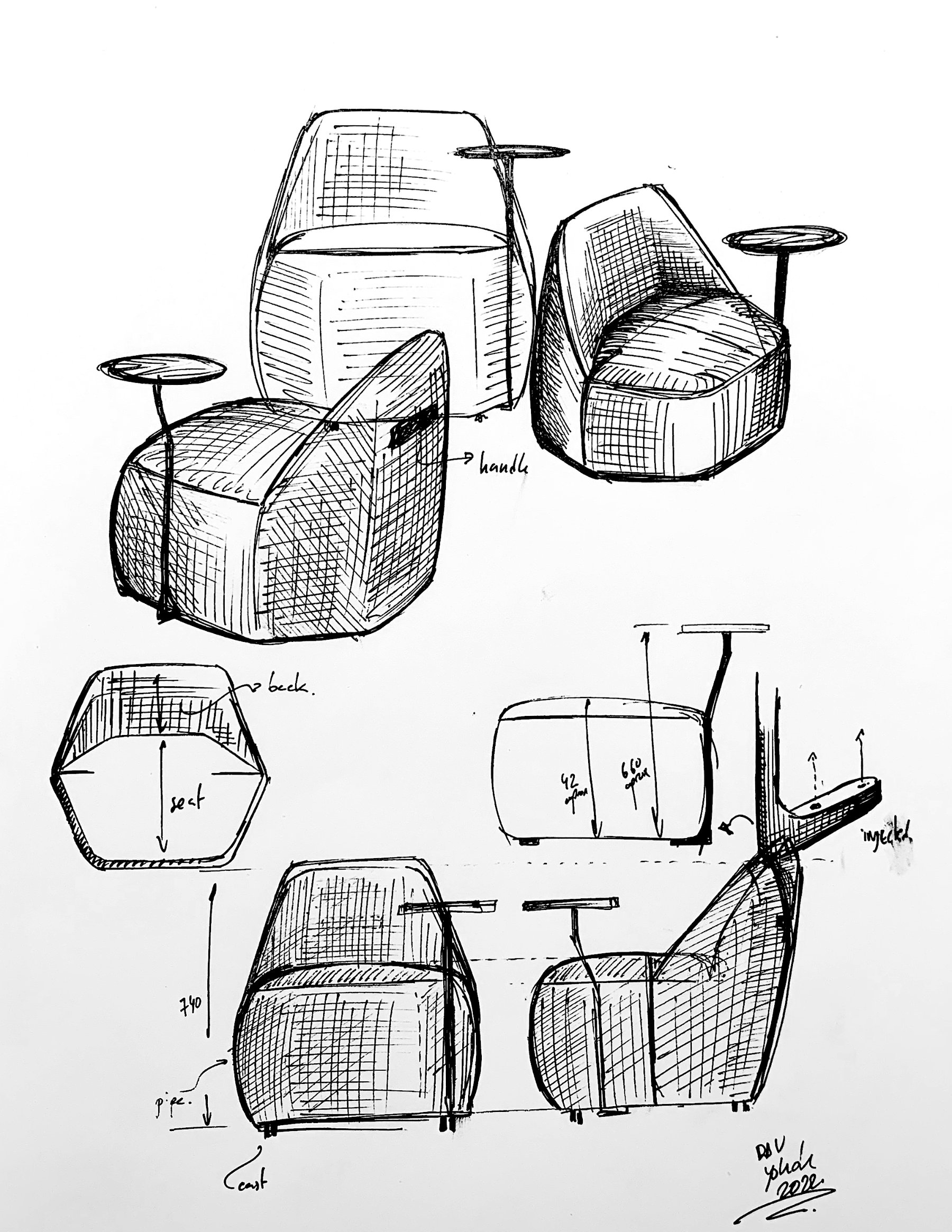 Modular seating configuration formed by hexagonal upholstered units in an open workspace