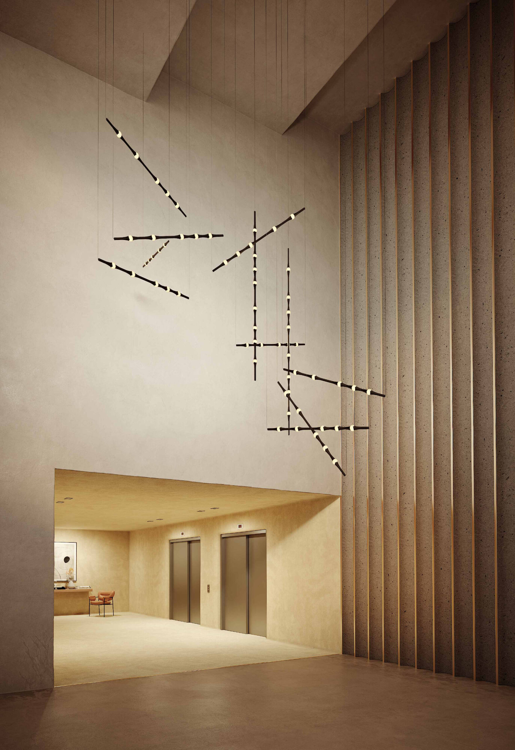 Dew lamp with softly glowing body in modern interior