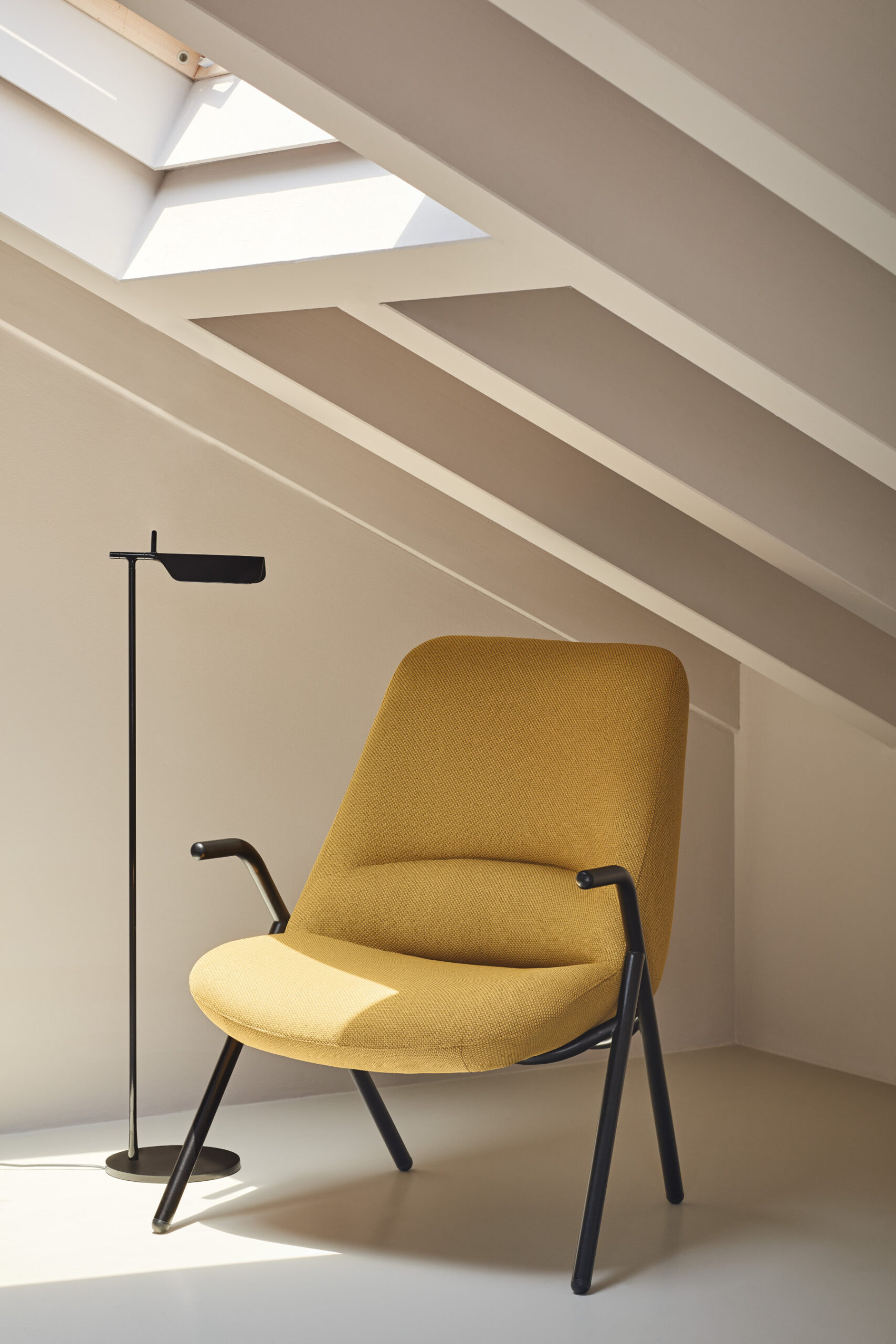 Dins Armchair in contemporary interior with soft upholstery and defined silhouette