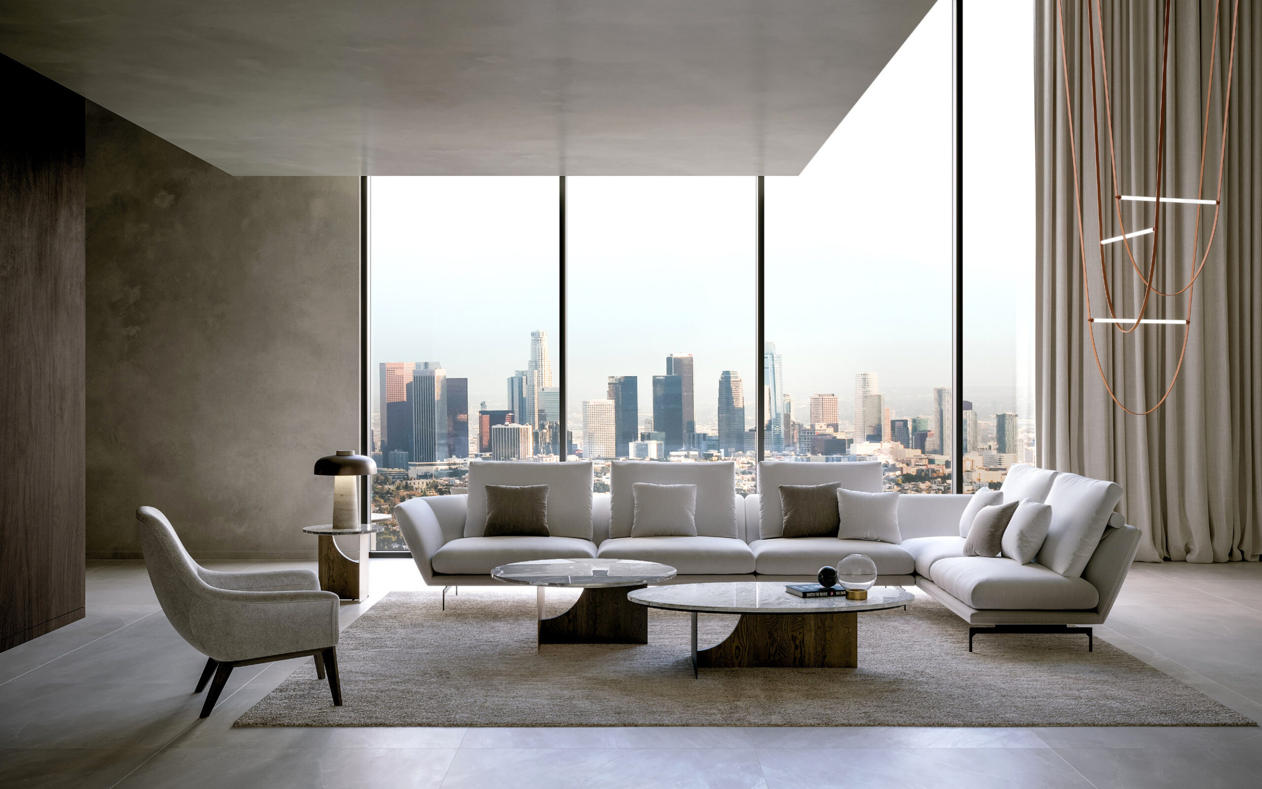 Disc sofa with curved backrest in contemporary lounge setting