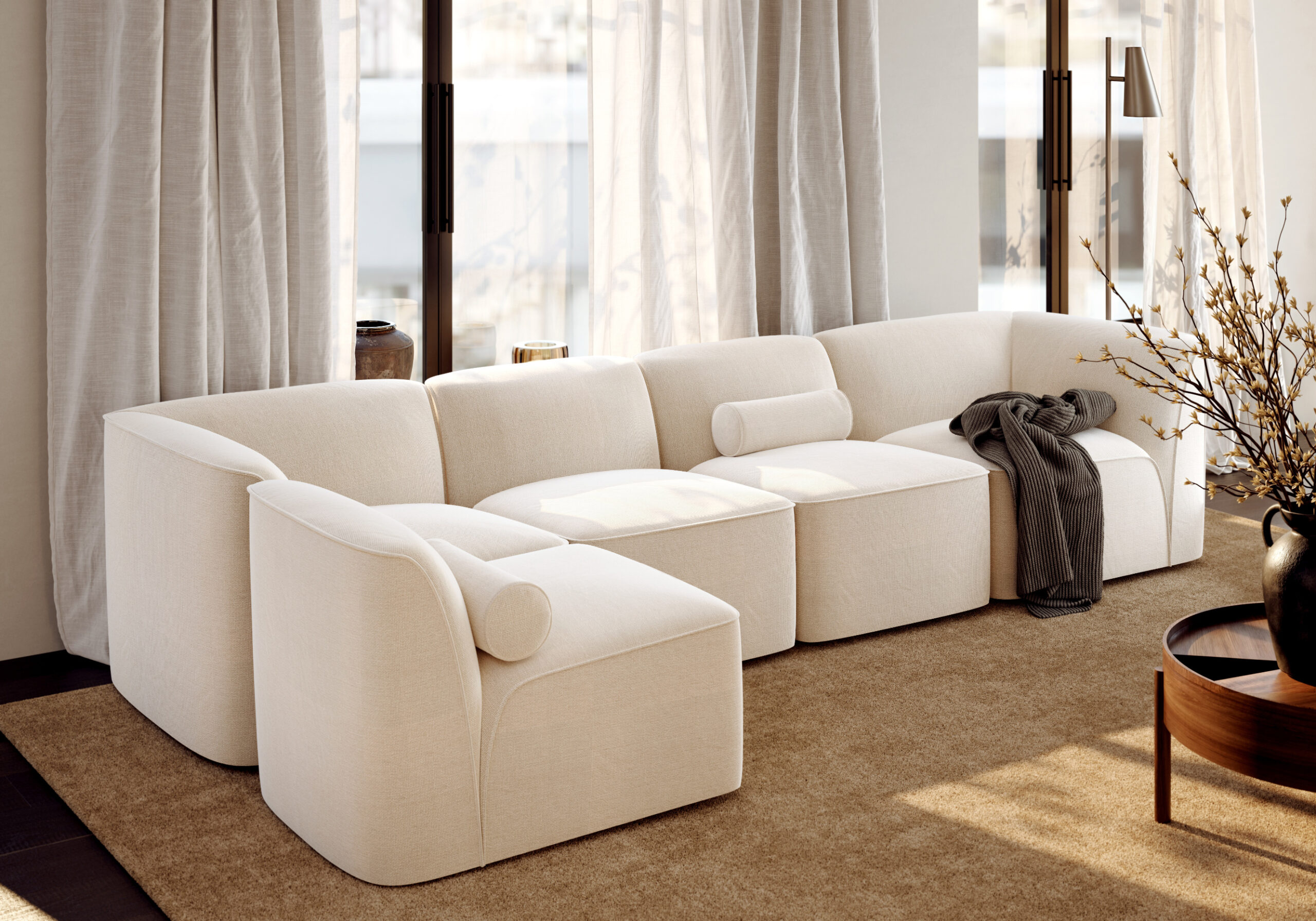 Flora modular sofa system in contemporary interior with varied configurations