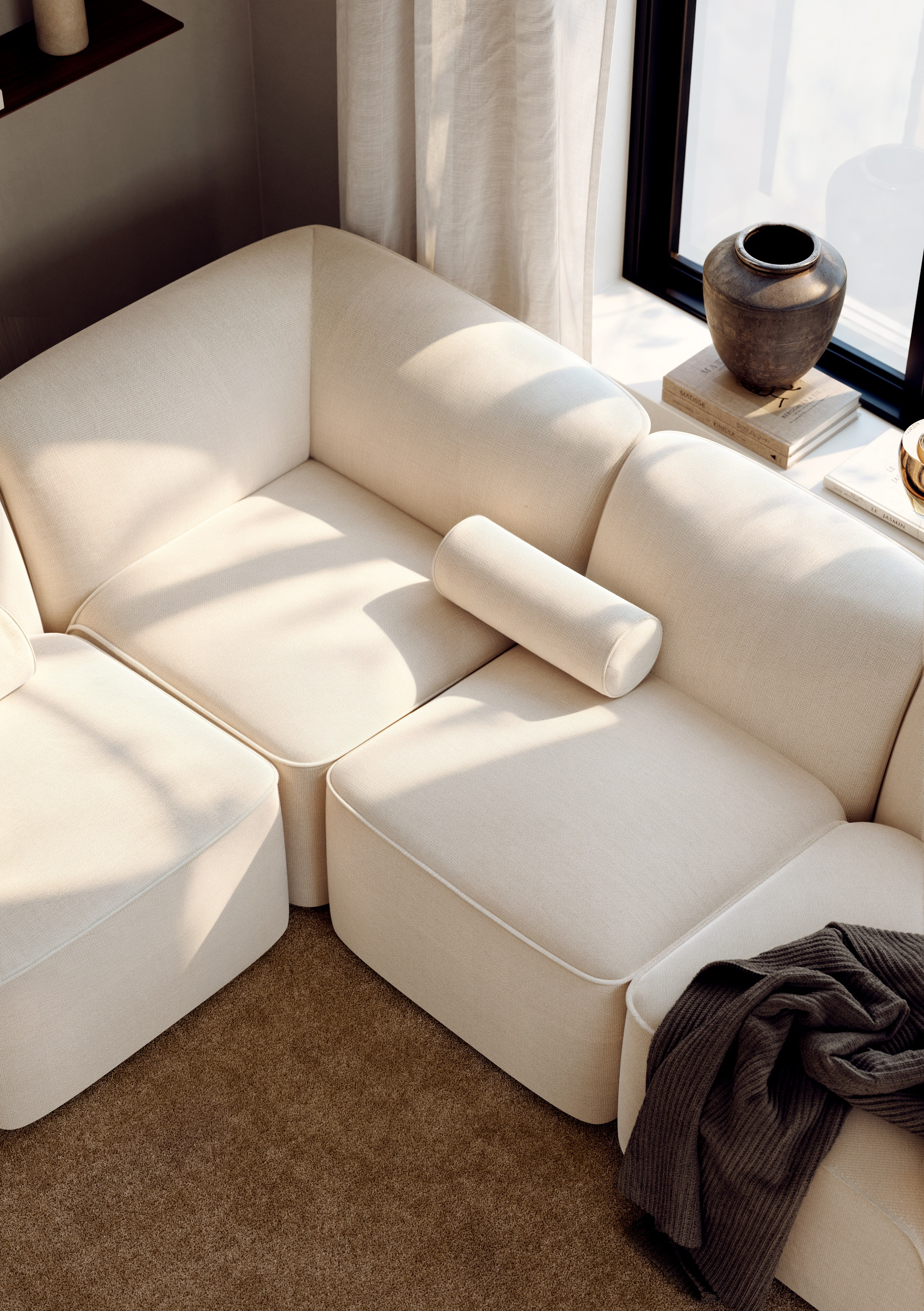 Flora modular sofa system in contemporary interior with varied configurations