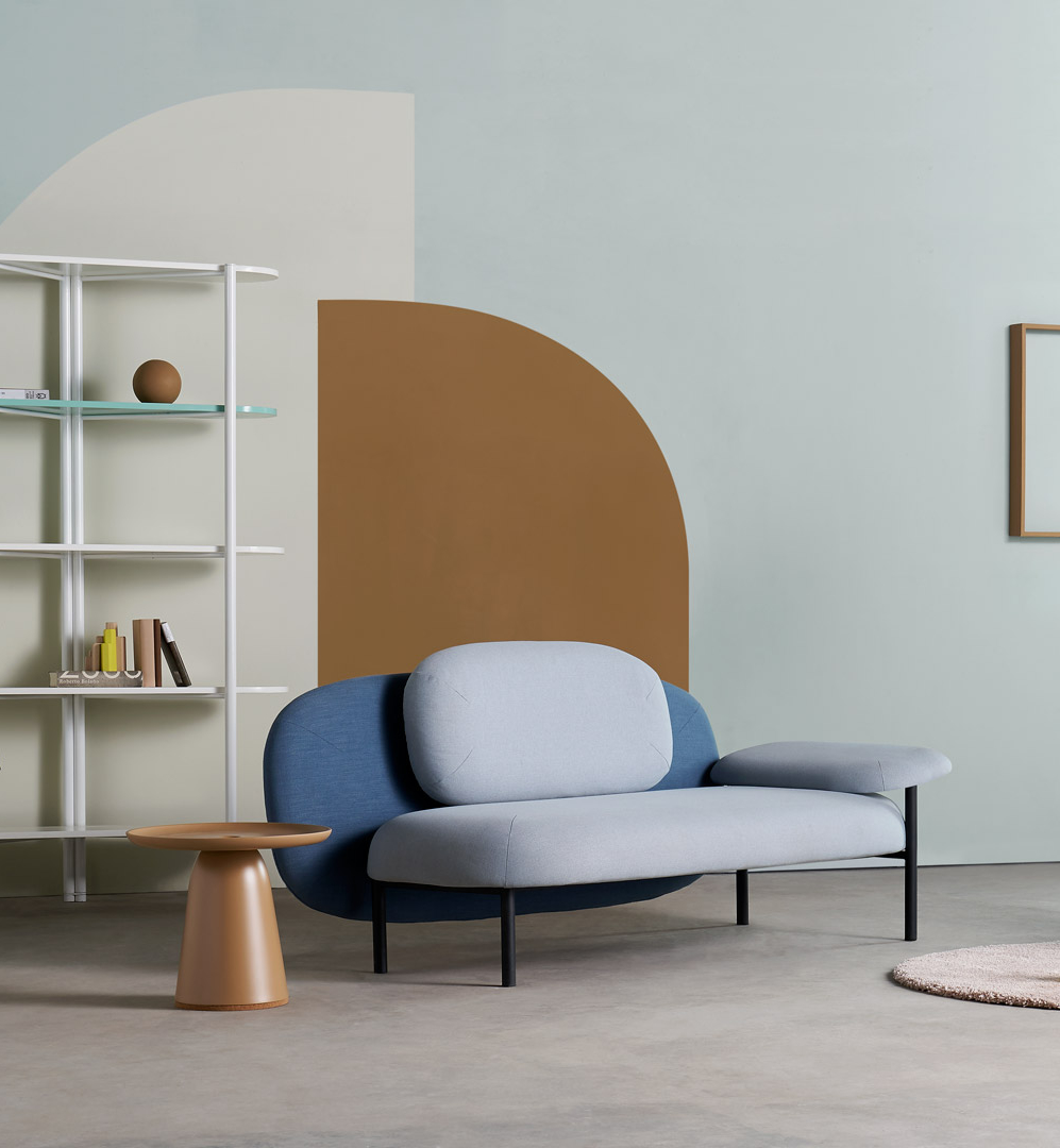 Gummy sofa with rounded colourful forms in contemporary interior