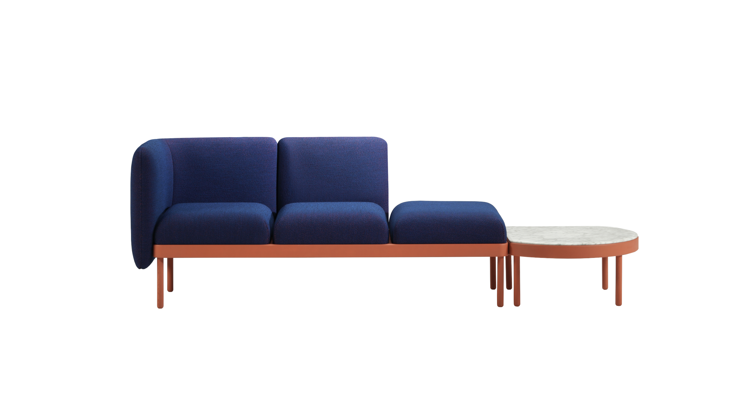 Mosaico modular seating system with upholstered cushions and wooden bases