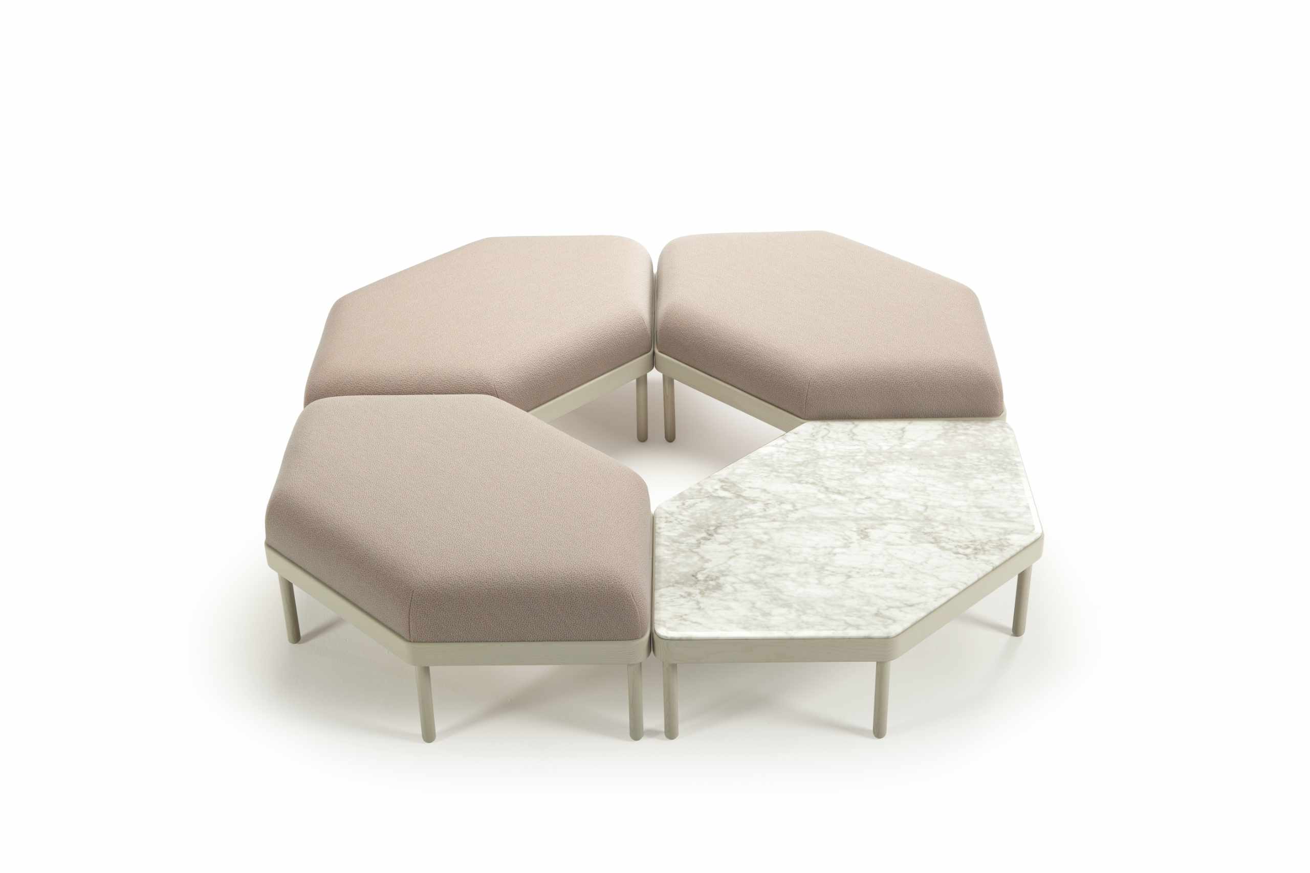 Mosaico modular seating system with upholstered cushions and wooden bases