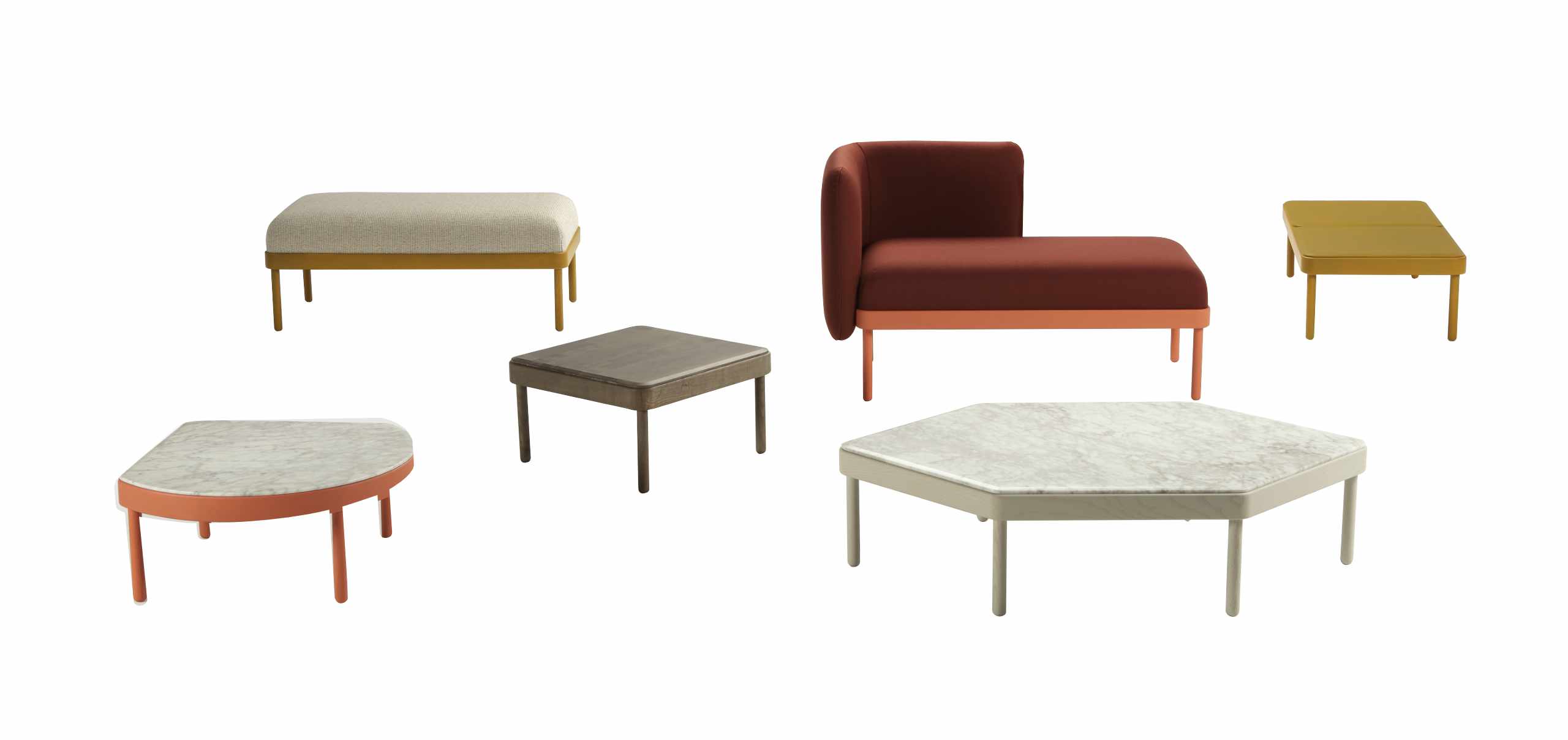 Mosaico modular seating system with upholstered cushions and wooden bases