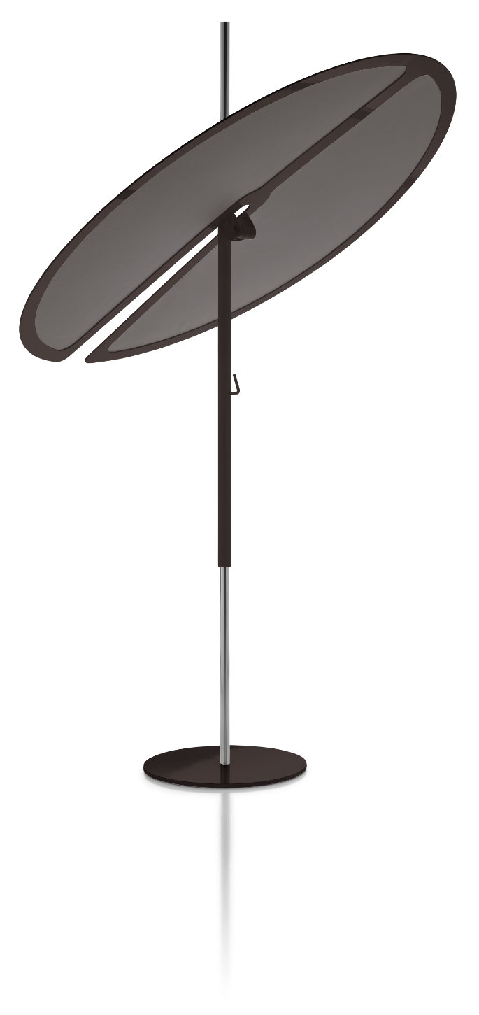 Nenúfar outdoor parasol inspired by the organic form of water lily leaves, featuring a sculptural canopy and an adjustable mechanism for contemporary outdoor spaces.