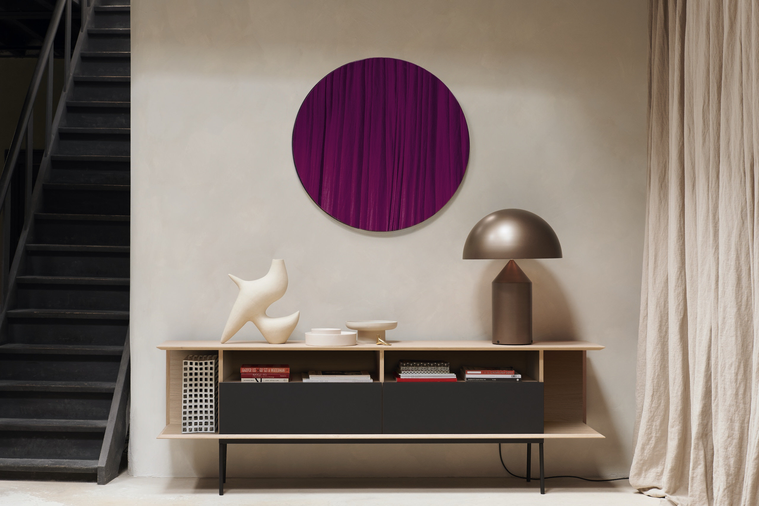 Open sideboard in a modern interior with wood finish and minimal styling
