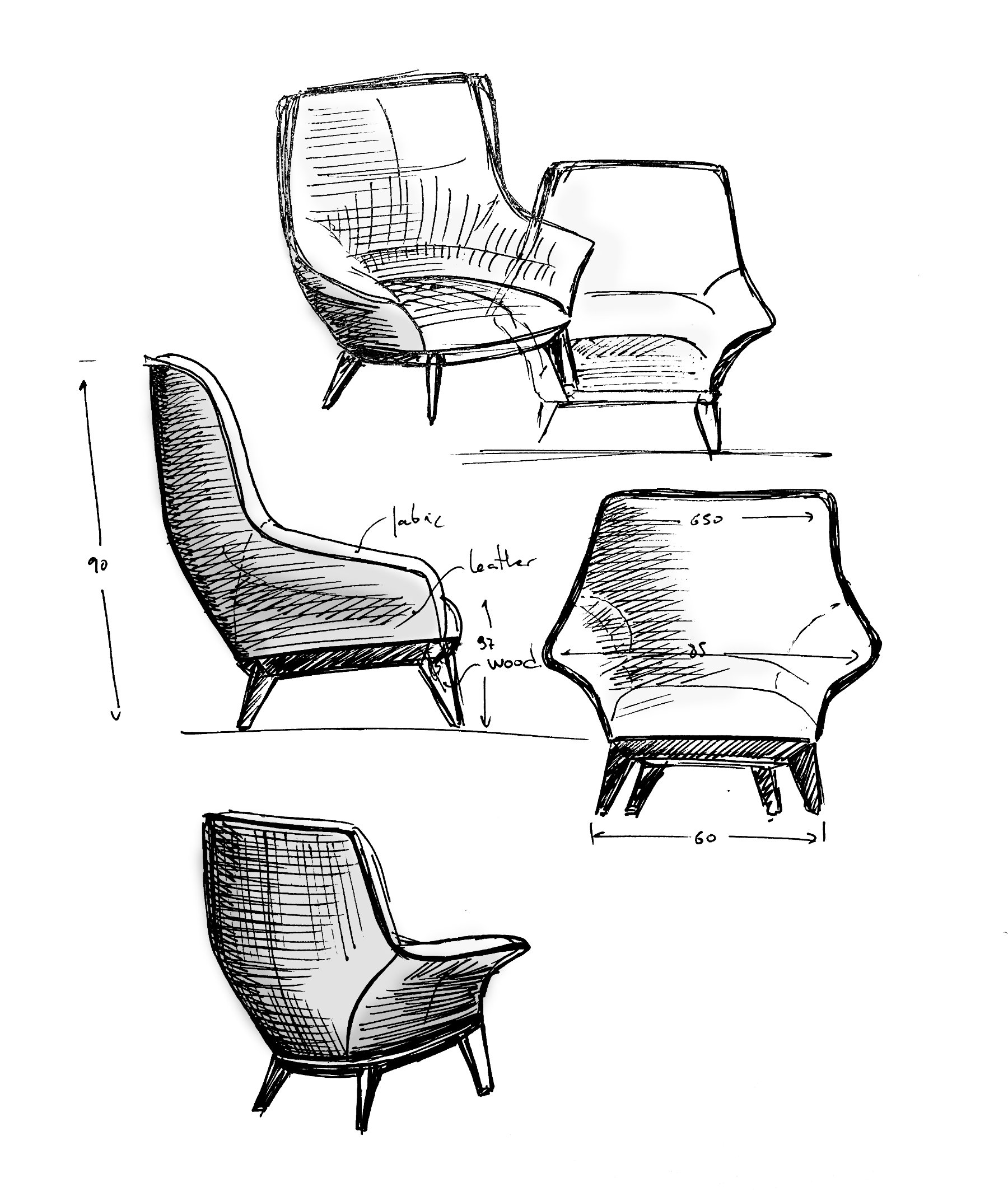 Palma armchair with rounded silhouette and upholstered seat