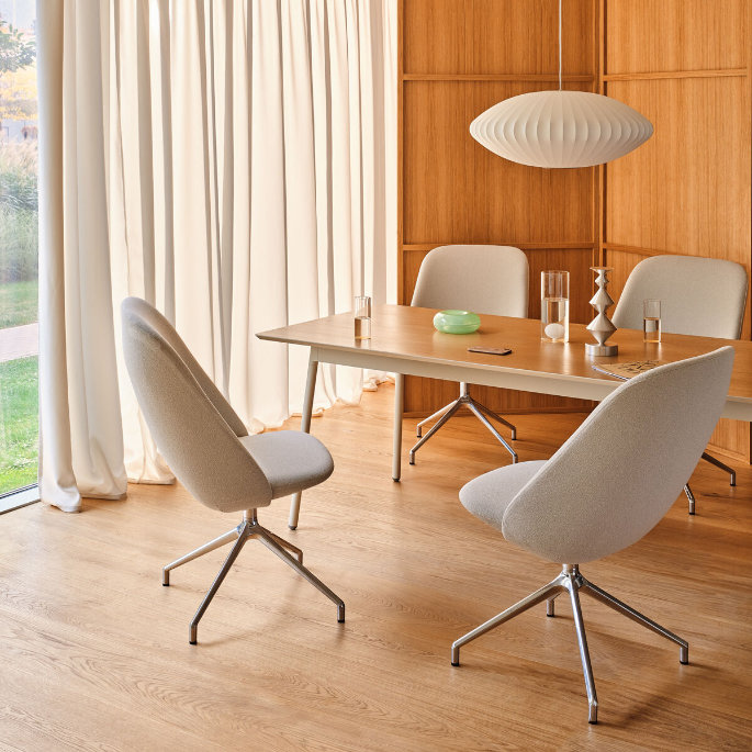Contemporary chair collection with refined proportions, linear geometry and calm presence