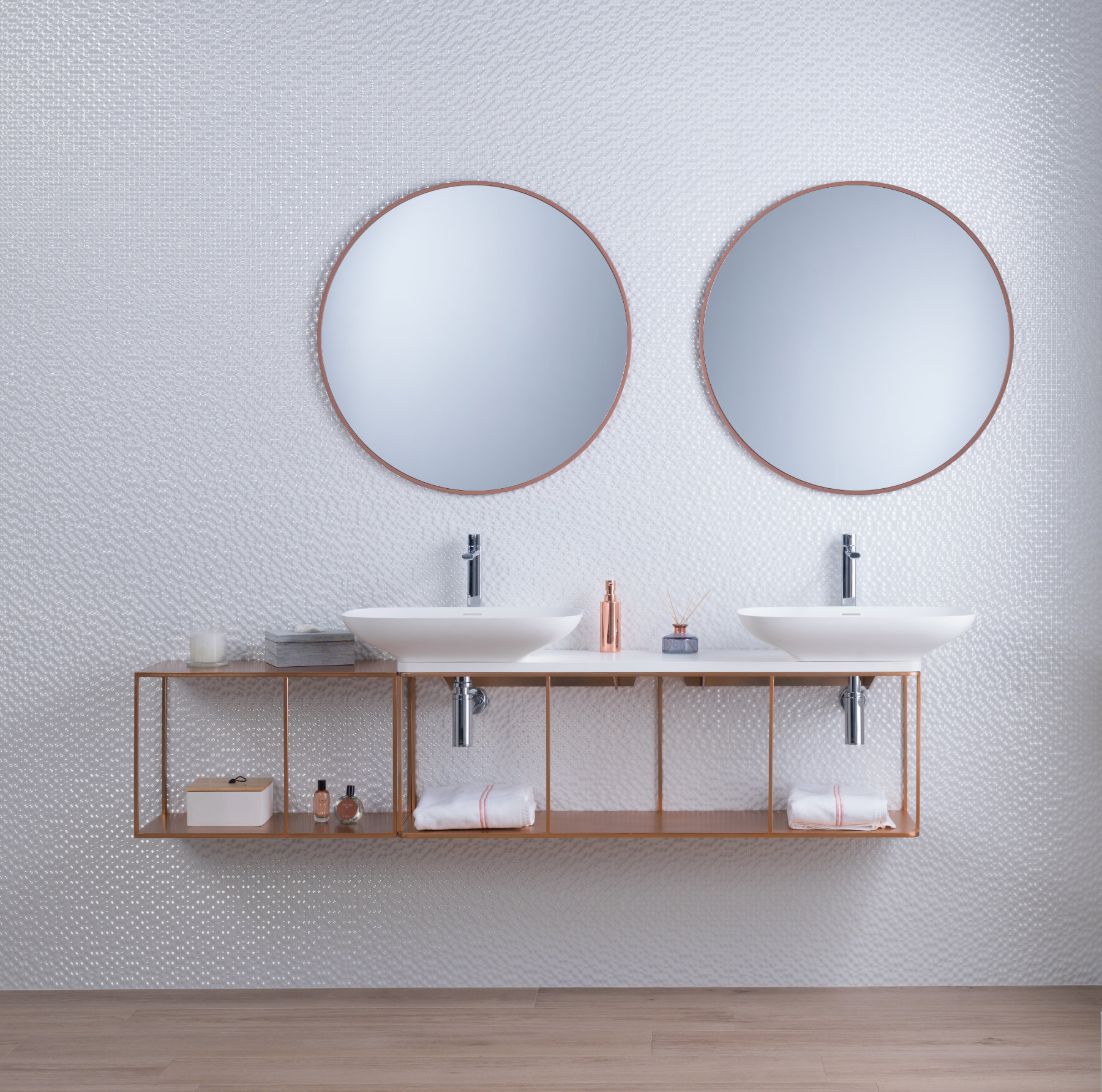 Pure bathroom collection by Yonoh for Porcelanosa with KRION basins and minimalist geometry