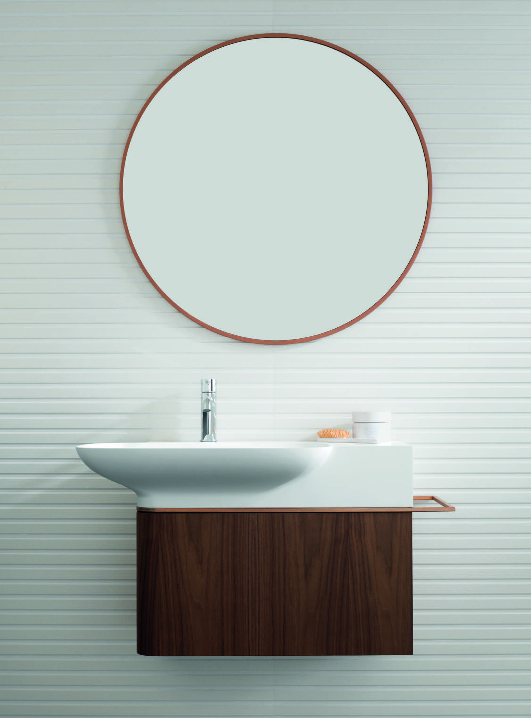 Pure bathroom collection by Yonoh for Porcelanosa with KRION basins and minimalist geometry