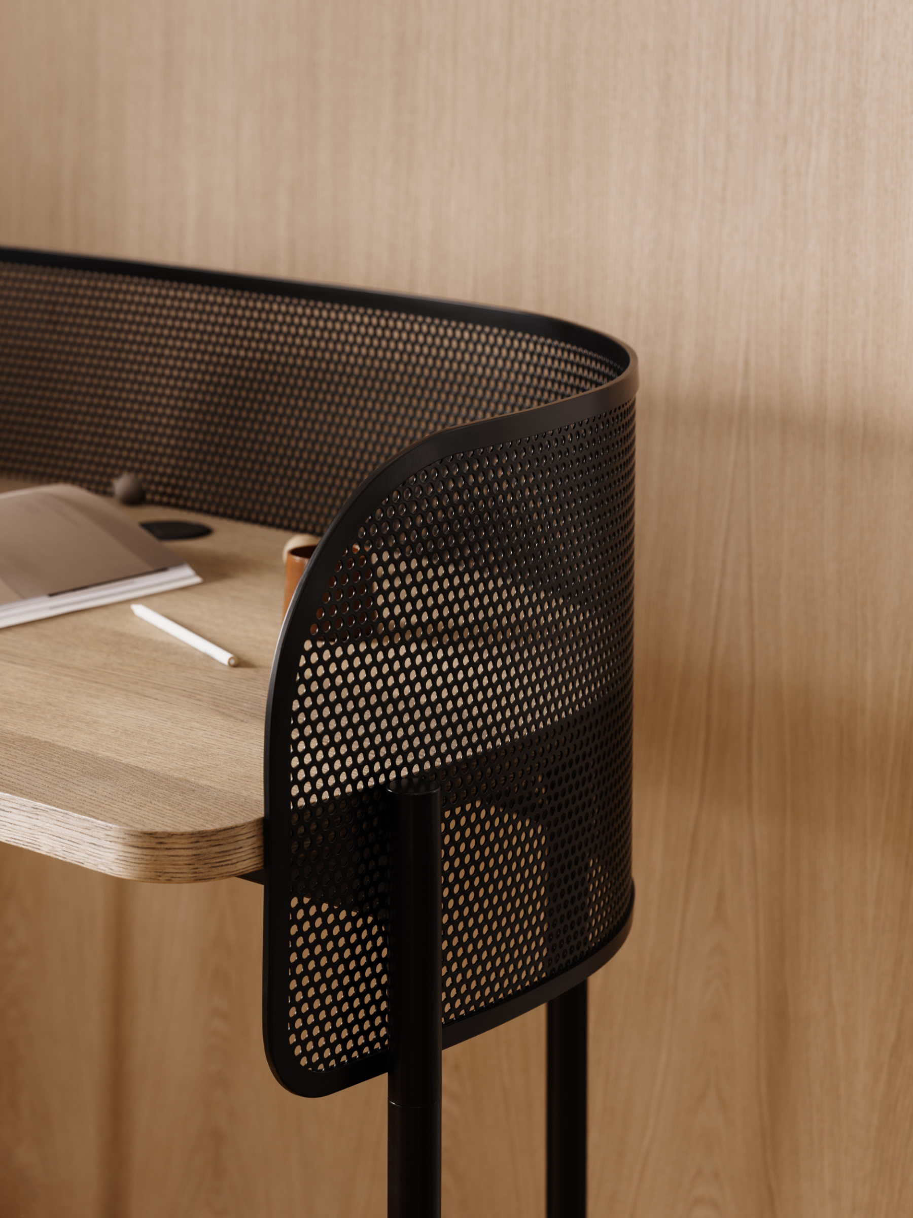 Shelter desk in contemporary office interior with refined geometry