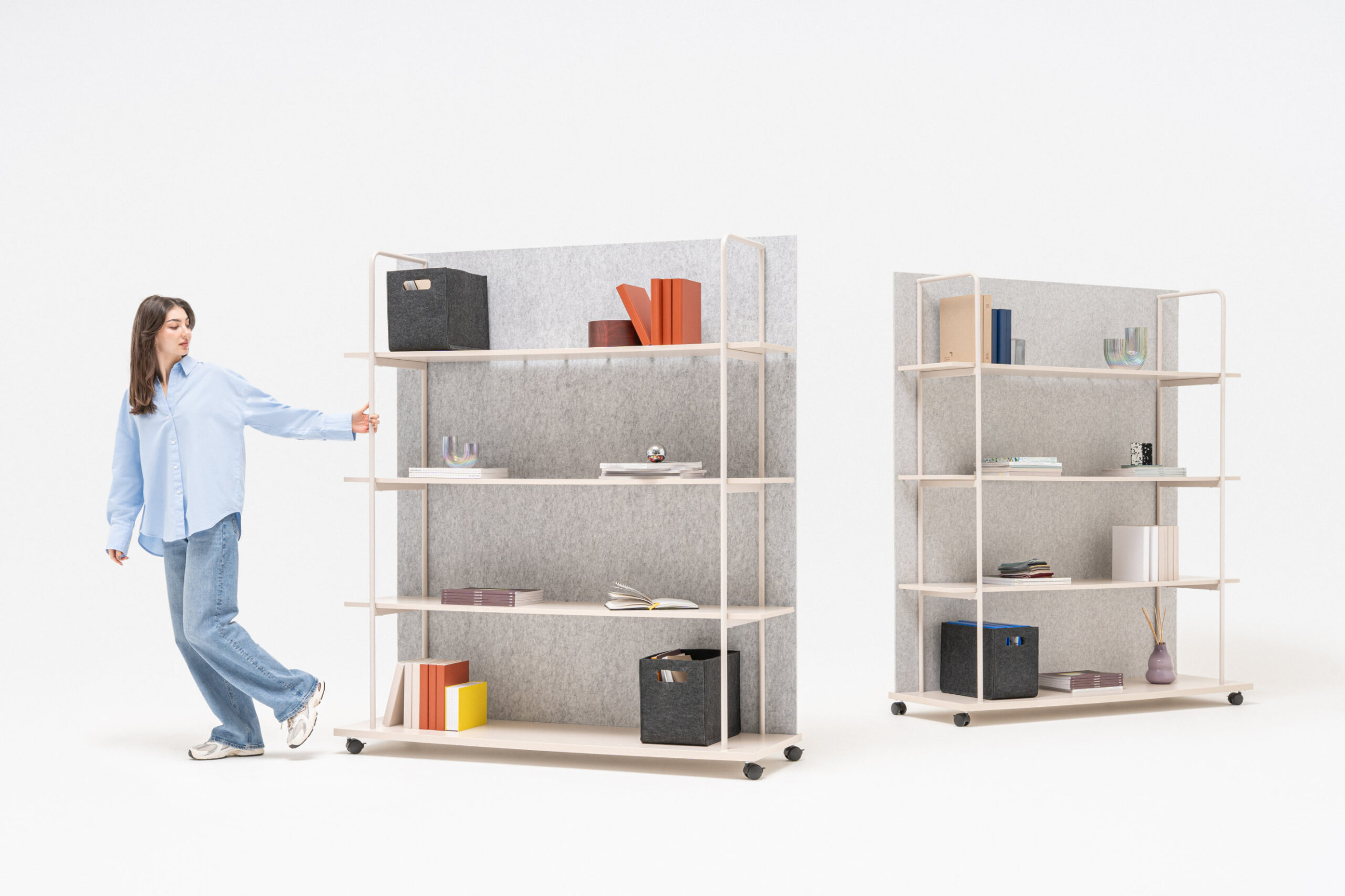 Tanca mobile shelving system in interior with clear geometry
