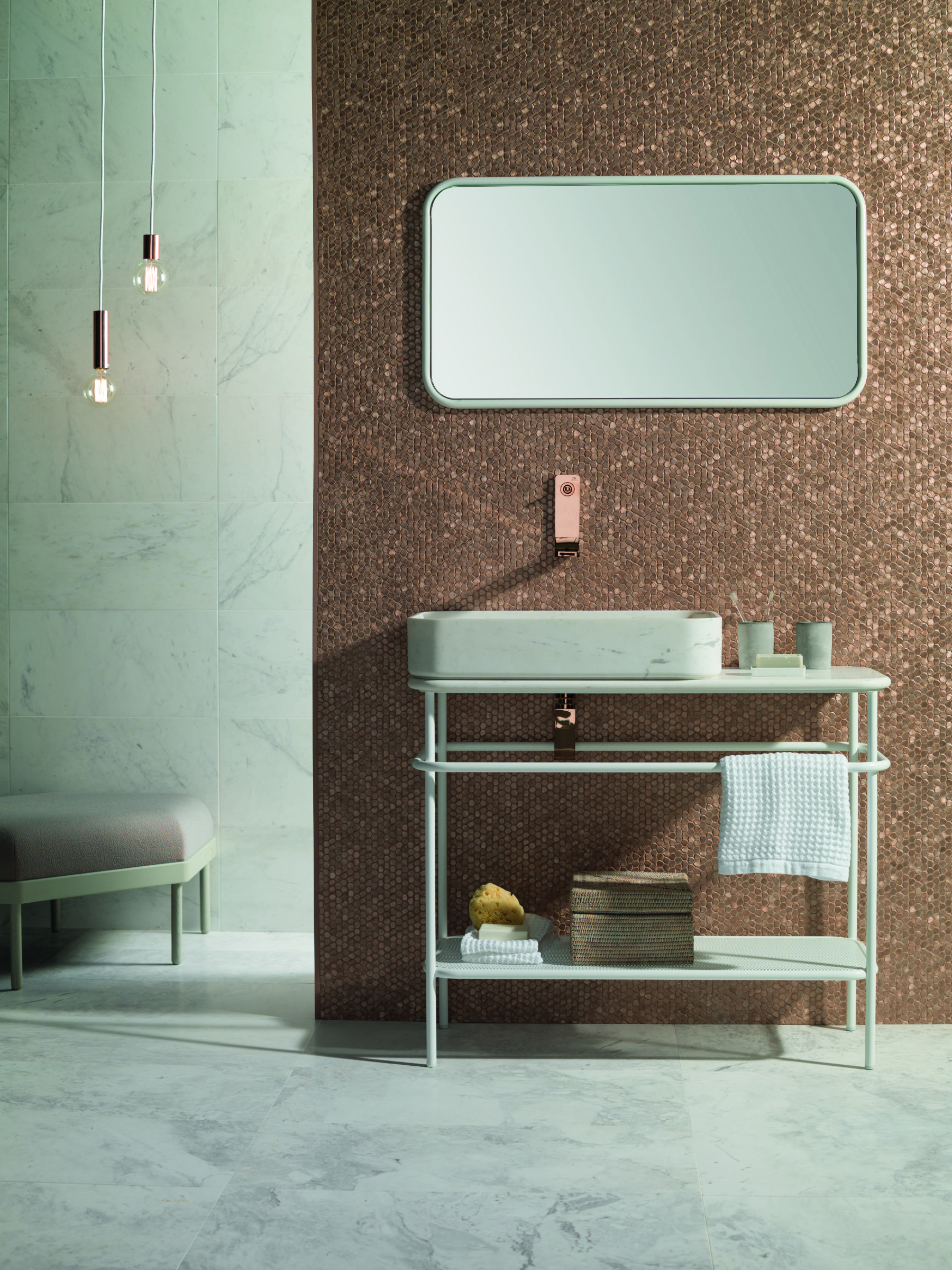 Vintage bathroom collection by Yonoh for L’Antic Colonial in Porcelanosa, marble sink with continuous surface