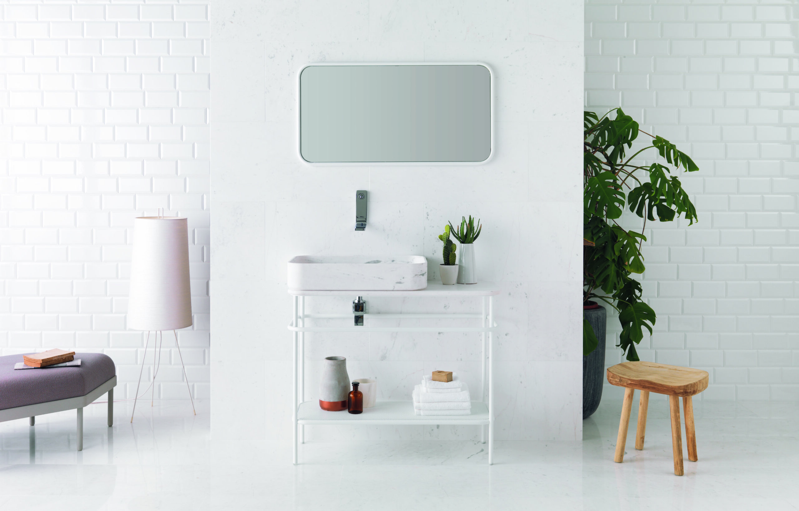 Vintage bathroom collection by Yonoh for L’Antic Colonial in Porcelanosa, marble sink with continuous surface