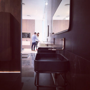 Vintage bathroom collection by Yonoh for L’Antic Colonial in Porcelanosa, marble sink with continuous surface