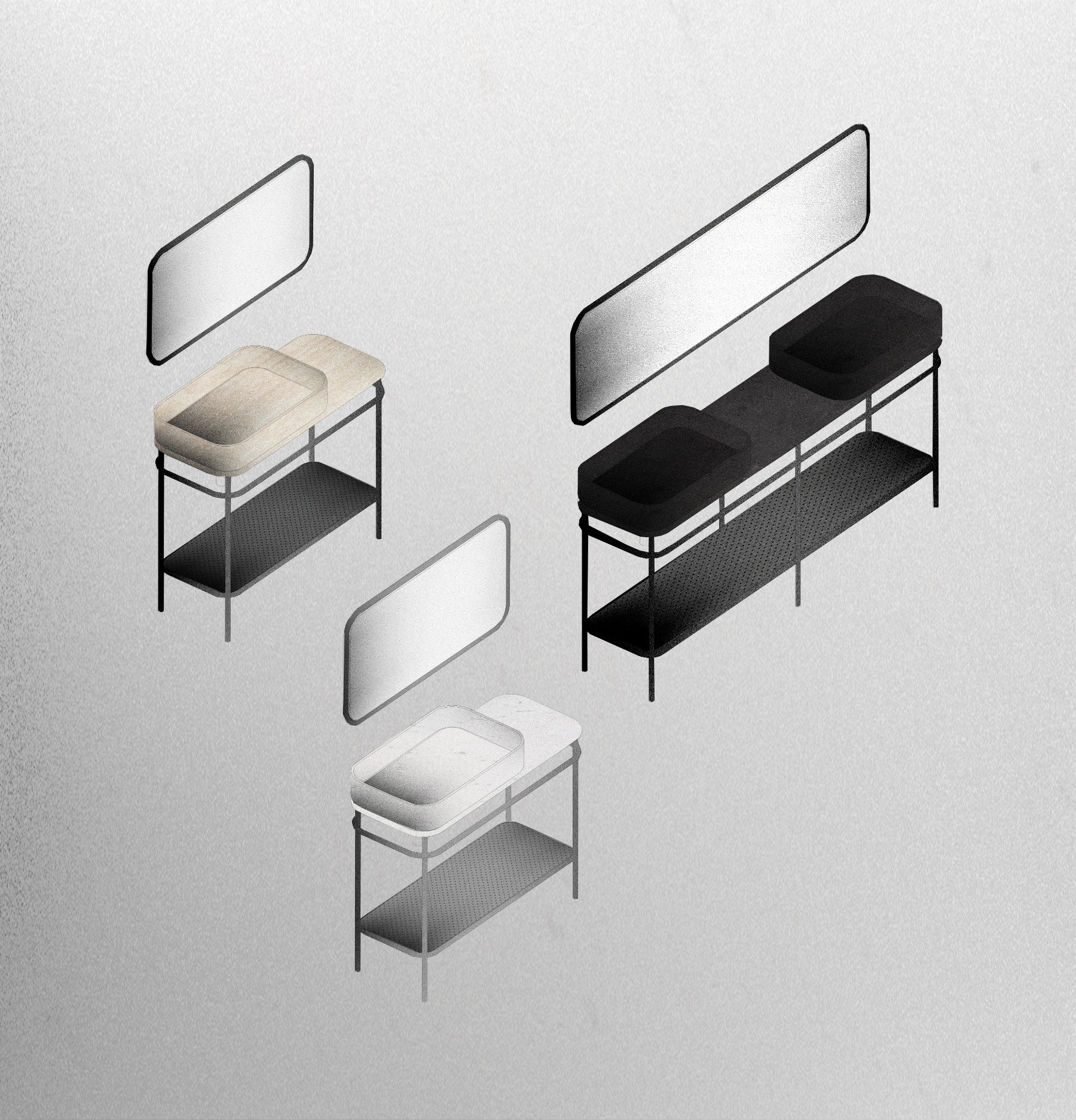 Vintage bathroom collection by Yonoh for L’Antic Colonial in Porcelanosa, marble sink with continuous surface