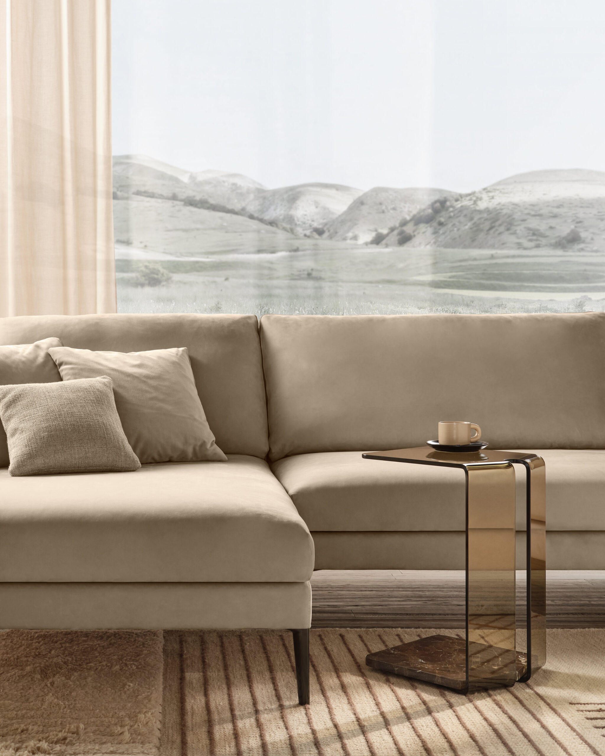York glass side table with slender structural frame in contemporary interior