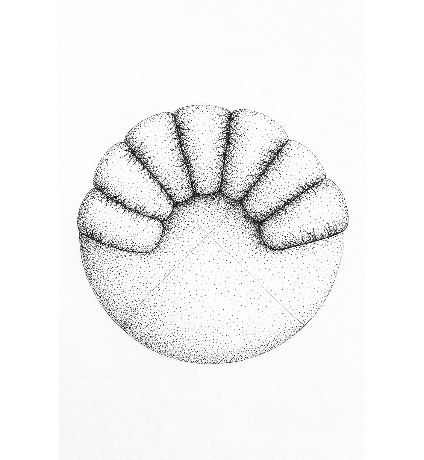 Upholstered lounge chair with circular base and segmented padded backrest, soft sculptural design. Sketch